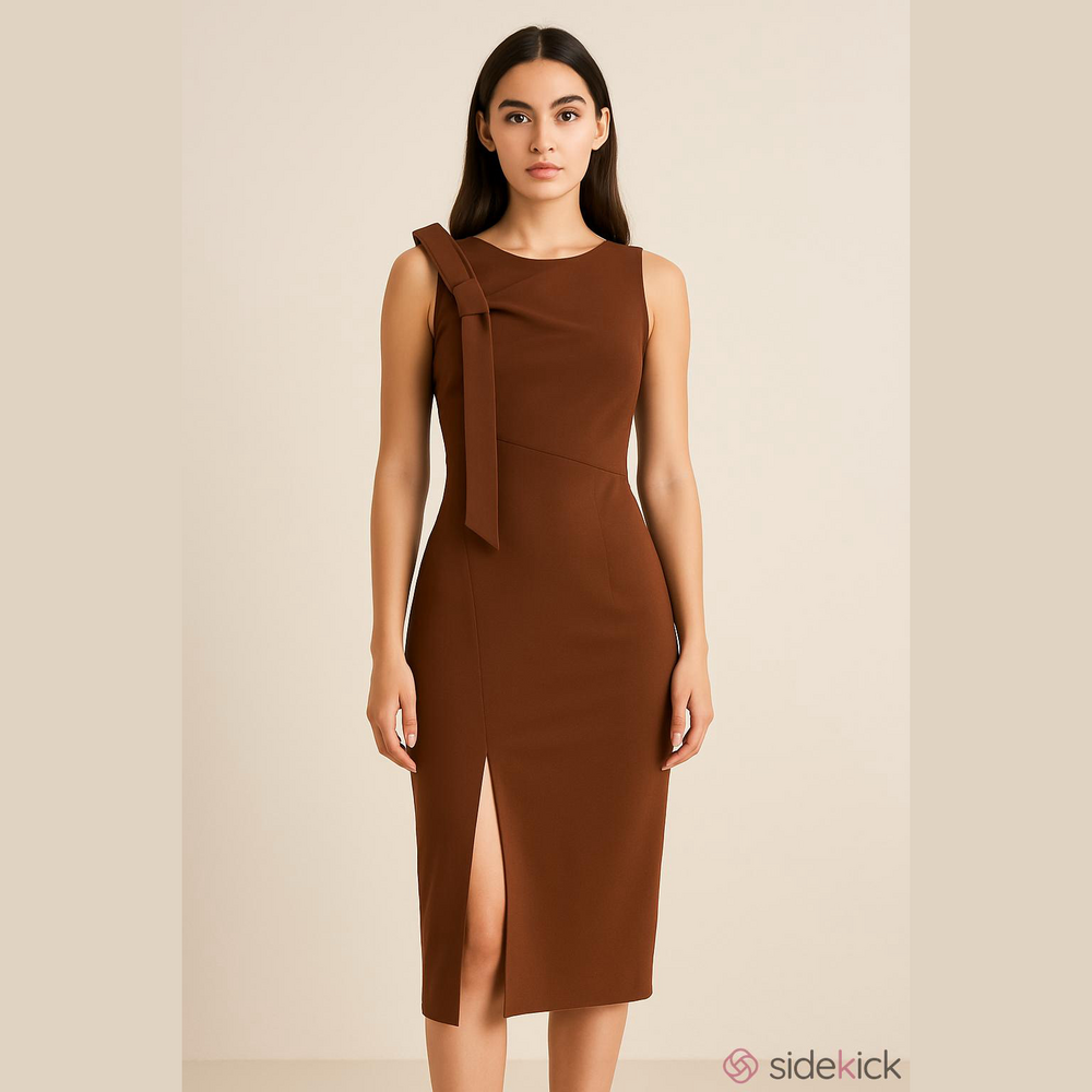 Calvin Klein Brown Bow Shoulder Midi Dress Size 2